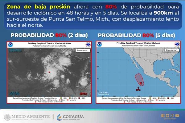 Baja presión en el Pacífico, con 70% de probabilidad para desarrollo ciclónico