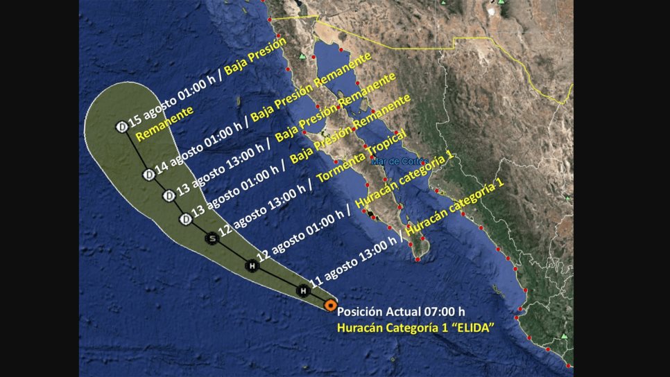 “Elida”, a 435 km al oeste-suroeste de Cabo San Lucas