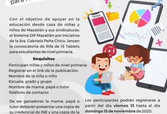 Convoca DIF Mazatlán a niñas y niños de primaria a Rifa Virtual de 15 tablets