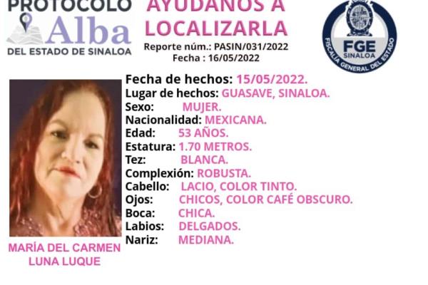 Activan protocolo Alba para localizar a mujer del Municipio de Sinaloa