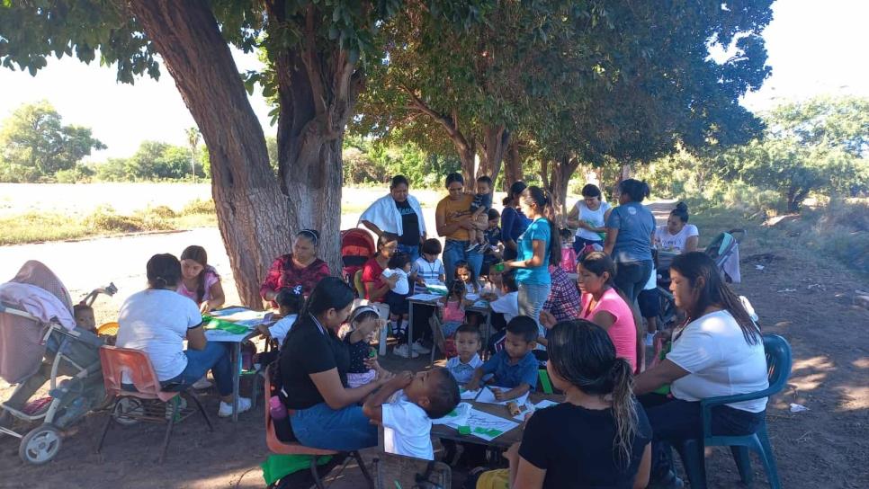 Niños indígenas estudian bajo los árboles en Goros, Ahome