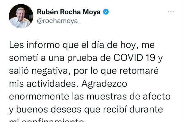 Rocha Moya está libre de Covid-19; prueba PCR dio negativo
