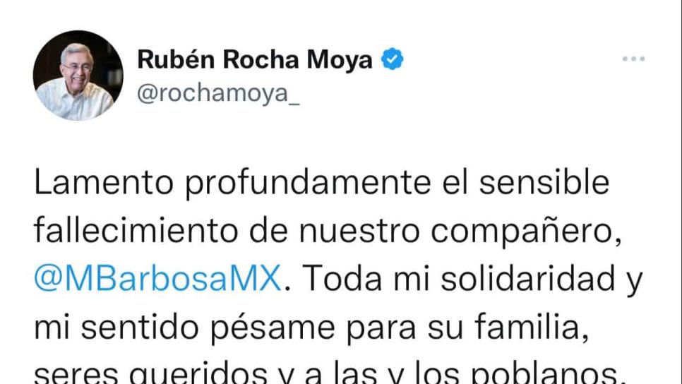 Rocha Moya lamenta muerte del Gobernador de Puebla, Miguel Barbosa