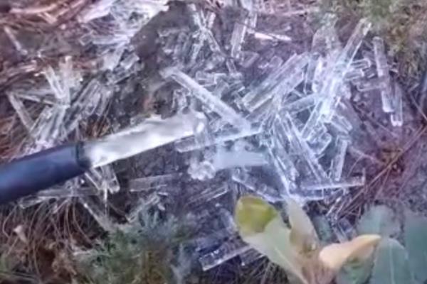 Sale hielo de las mangueras en Santa Gertrudis, Badiraguato