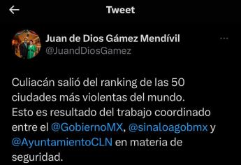 Juan de Dios Gámez celebra que Culiacán ya salió del ranking de las 50 ciudades más violentas del mundo