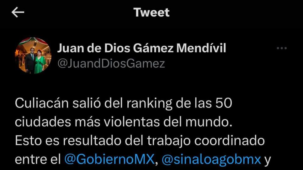 Juan de Dios Gámez celebra que Culiacán ya salió del ranking de las 50 ciudades más violentas del mundo