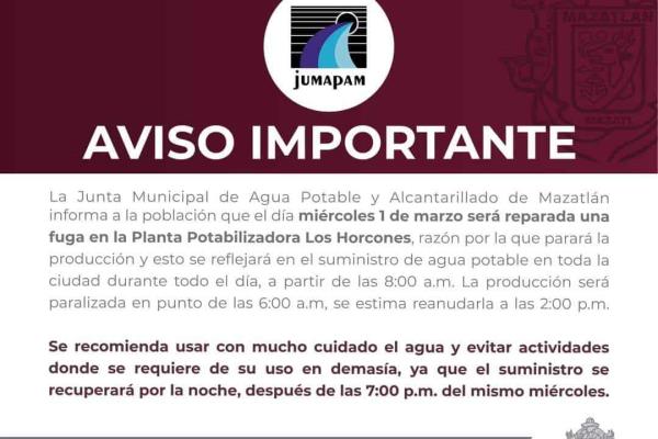¡A tomar sus precauciones! Este miércoles quedará suspendido el servicio de agua potable en Mazatlán