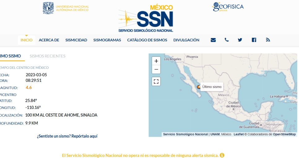 Se registra sismo de 4.6 grados al oeste de Ahome