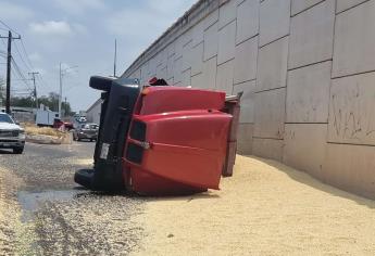 Vuelca camión cargado de maíz por La Costerita en Culiacán