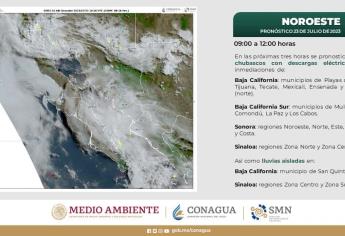 Prevén lluvias y descargas eléctricas para Sinaloa en las próximas horas de este domingo