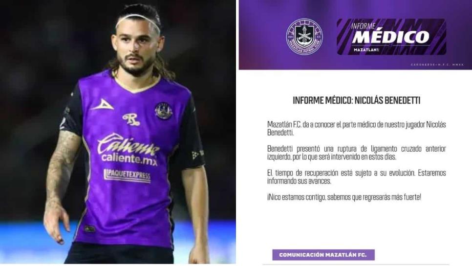 Mazatlán F.C. confirma la lesión de Nicolás Benedetti; regresará hasta 2024 Mazatlán F.C. confirma la lesión de Nicolás Benedetti; regresará hasta 2024