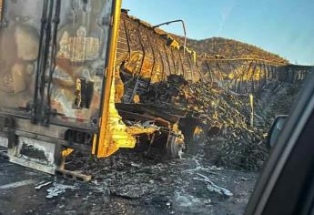 Se quema caja de tractocamión en los cerros de Barobampo; llevaba pepino a la frontera