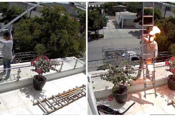 ¡Impresionante! Trabajador sufre descarga eléctrica y cae del techo de un negocio en Los Mochis | VIDEO