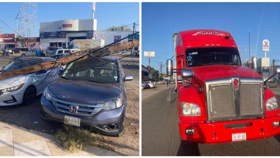 Tráiler intentaba maniobrar y derriba postes y causa daños en tres vehículos en Los Mochis