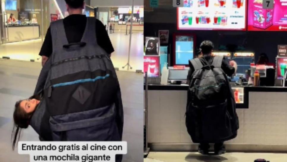 Influencer manda hacer una mochila gigante para ingresar a su novia gratis al cine | VIDEO