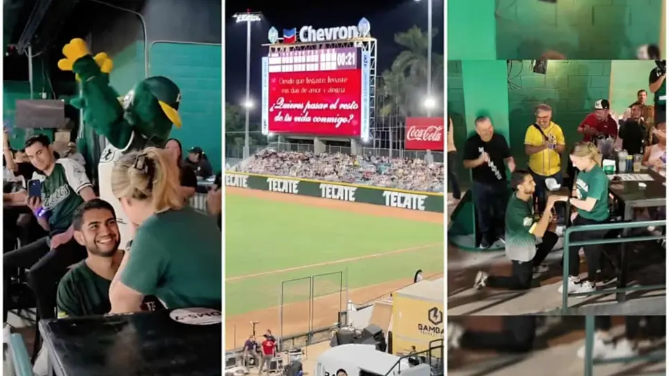 FOTO: ¡Dijo que sí! Fan de Cañeros le propone matrimonio a su novia en plena inauguración de la Liga Mexicana del Pacífico