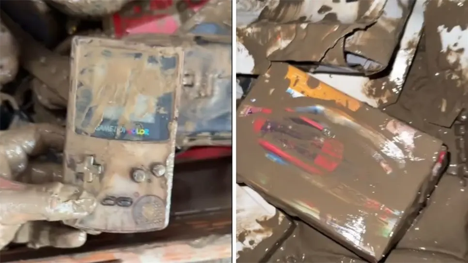 Entre el lodo, las cajas donde guardaba sus consolas con años de antigüedad causaron admiración entre los cibernautas, quienes no dudaron en ofrecer apoyo al joven