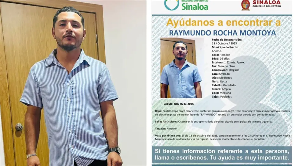 Si usted ha visto a Raymundo Rocha Montoya o cuenta con información que ayude a su familia y a las autoridades a localizarlo, favor de comunicarse al 6688-16-40-63 en la Dirección de Apoyo a Búsquedas de Personas Desaparecidas
