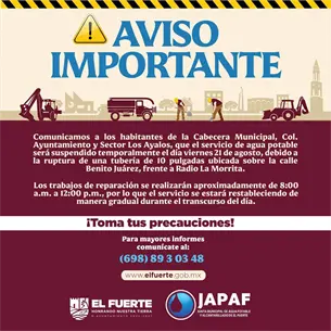 ¡A llenar cubetas! El Fuerte se quedará sin agua este viernes por reparación de tubería ¡A llenar cubetas! El Fuerte se quedará sin agua este viernes por reparación de tubería
