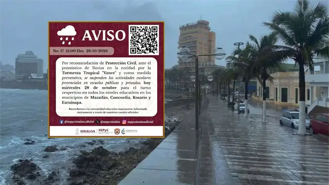 Suspenden clases vespertinas en 4 municipios al sur de Sinaloa por efectos de la tormenta tropical “Vance”